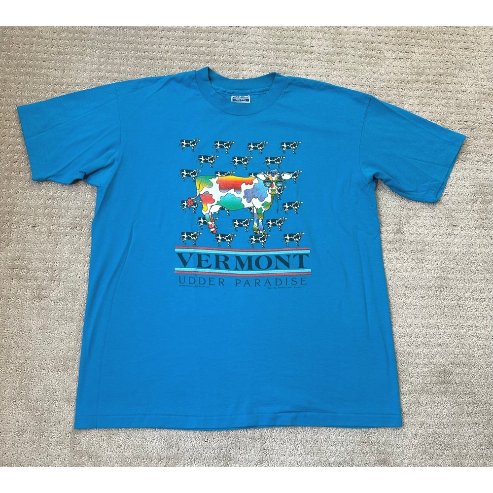Vintage Vermont T-Shirt XL Udder Paradise Cow Blue Single Stitch Hanes 89s - Picture 2 of 7